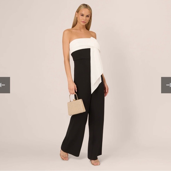 Adrianna Papell Colorblock Crepe strapless jumpsuit with bow. Size 10 - Picture 2 of 16
